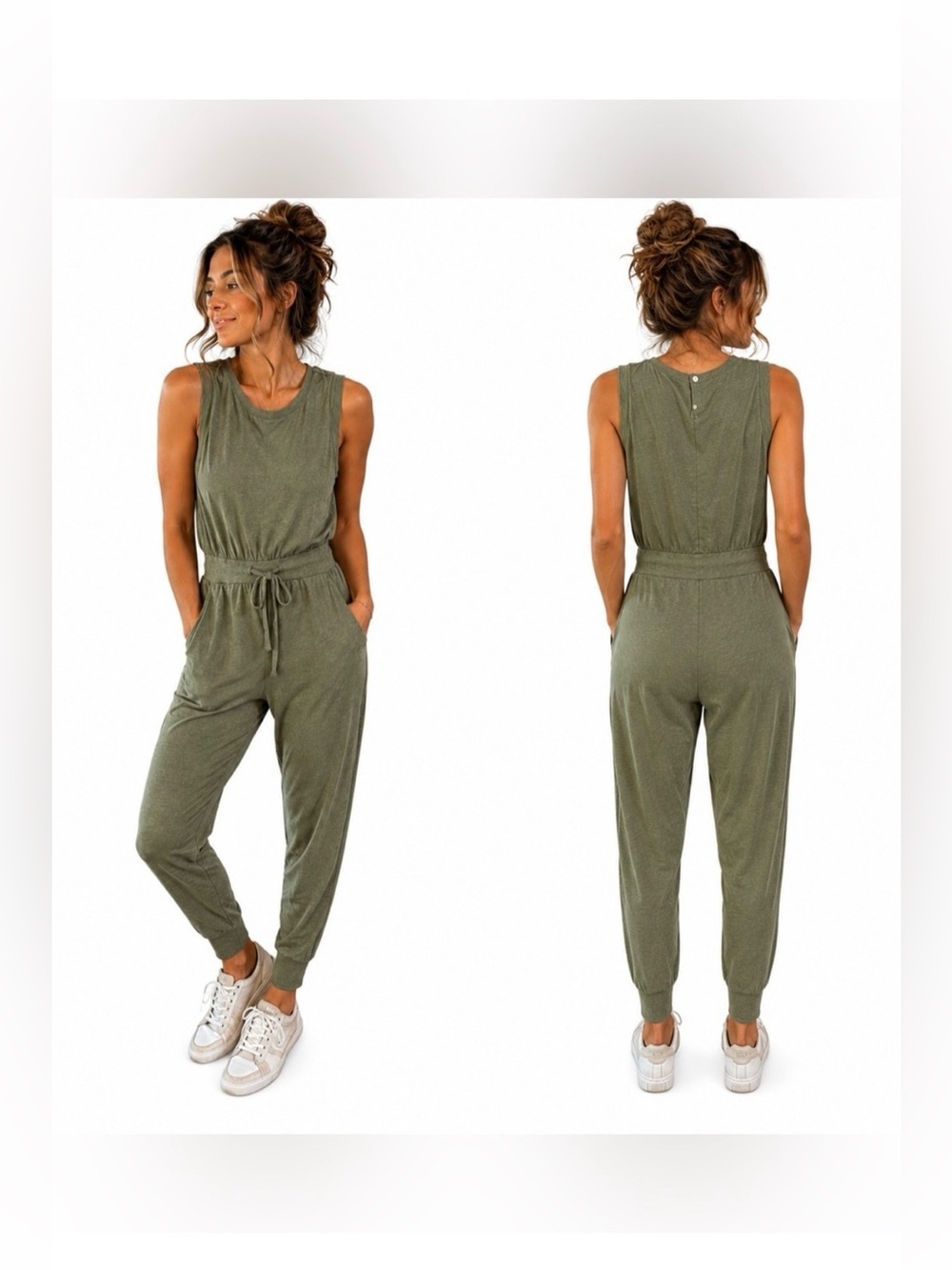 Pact Olive Green Sleeveless Drawstring Jumpsuit. 100% Organic Cotton. Size Small